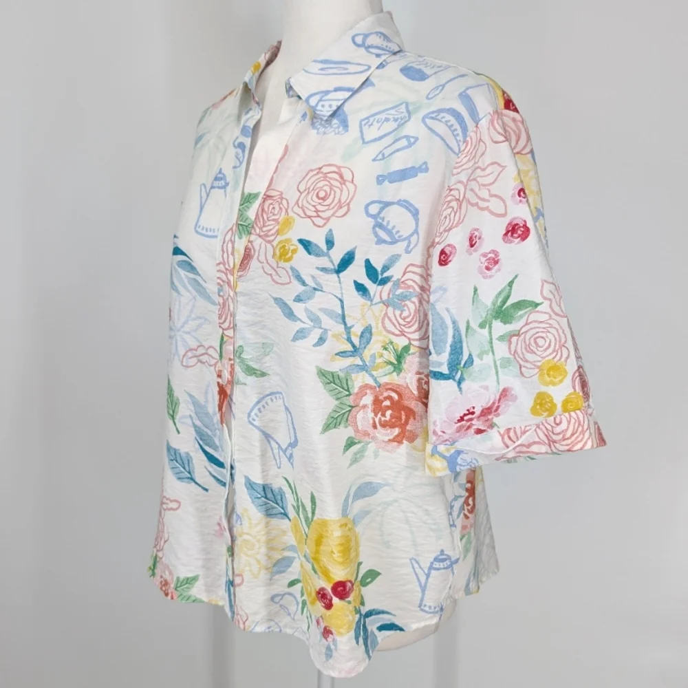 Rachel Zoe White Blue Green Floral Tea Watercolor Short Sleeve Blouse Large - Picture 4 of 12